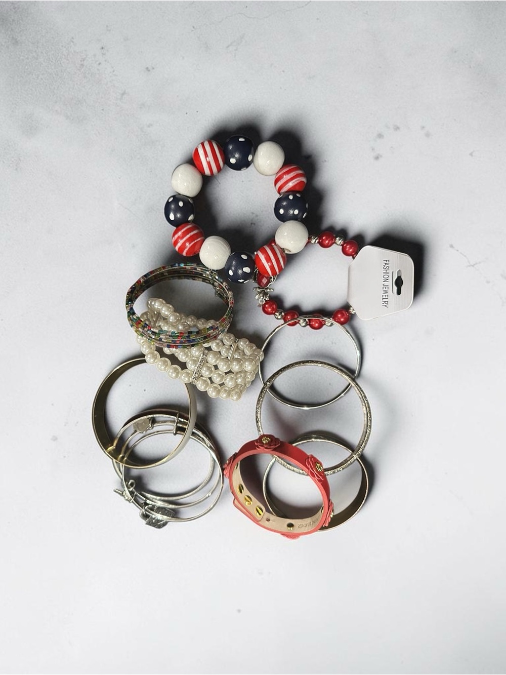 Patriotic Red White Blue Beaded Bracelet Stack Silver Bangle Pearl Set - Picture 5 of 5